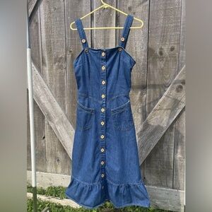 Vintage 70's Landlubber Denim Ruffle Hem Dress Yellow Buttons Medium Pretty!